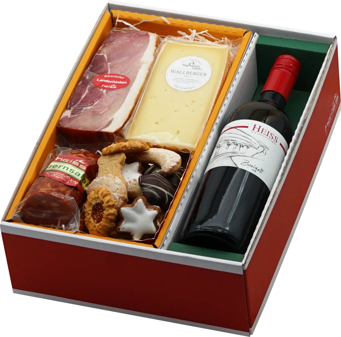 Brotzeit-Präsent mit Schinkenspeck, Bauernsalami, Wallberger Käse und einer Flasche Zweigelt