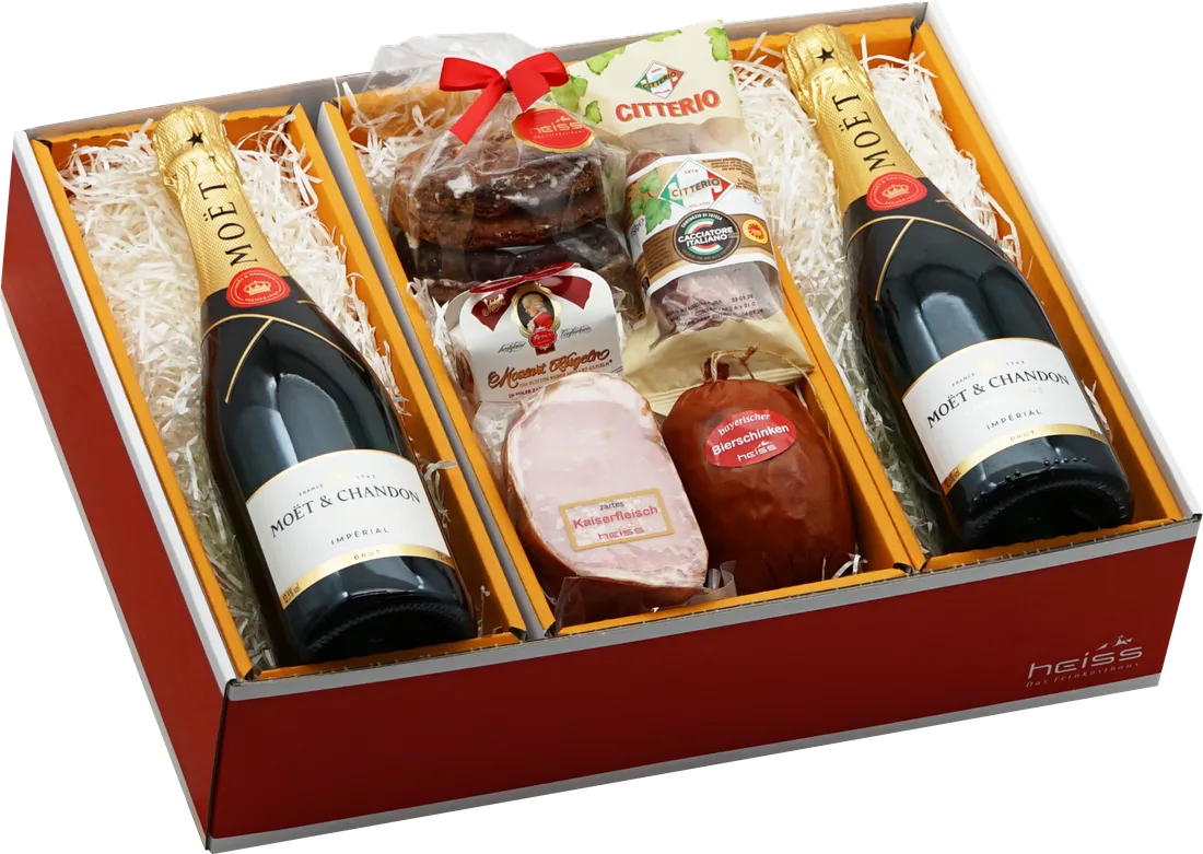 Präsent mit Kaiserfleisch, Bierschinken, Salami, Elisenlebkuchen und zwei Flaschen Champagner Moët & Chandon