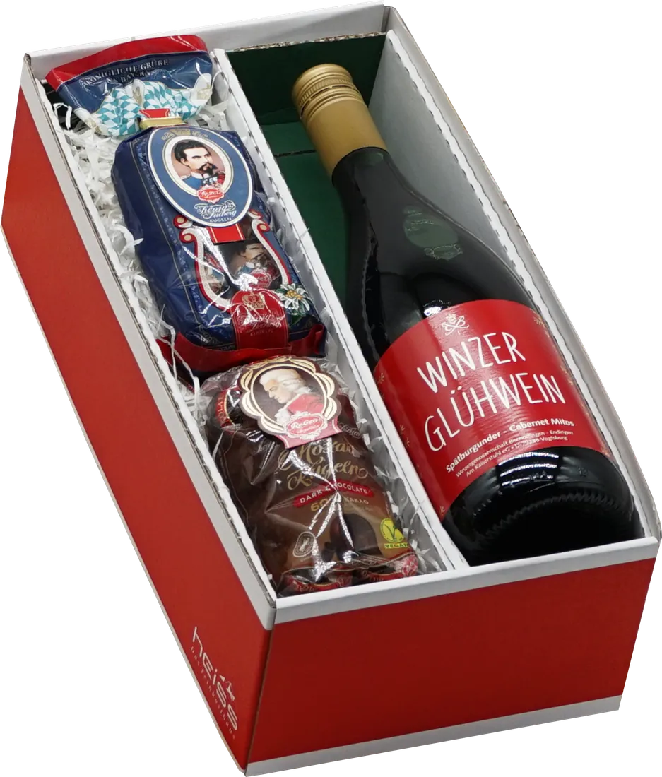Präsent mit Winzerglühwein rot, König-Ludwig-Kugeln und Mozartkugeln im Heiss-Karton