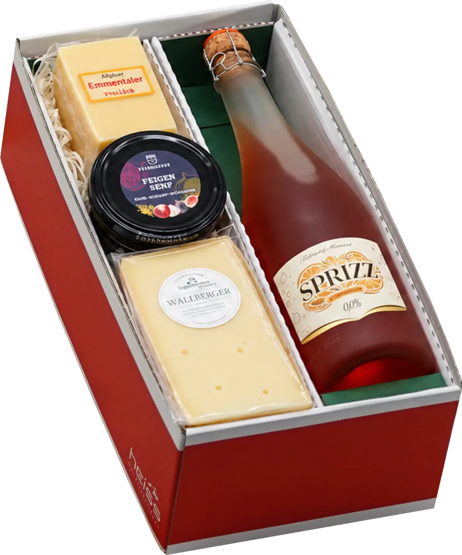 Vegetarisches, alkoholfreies Präsent mit Emmentaler, Wallberger Käse, Feigensenf und alkoholfreiem Sprizz