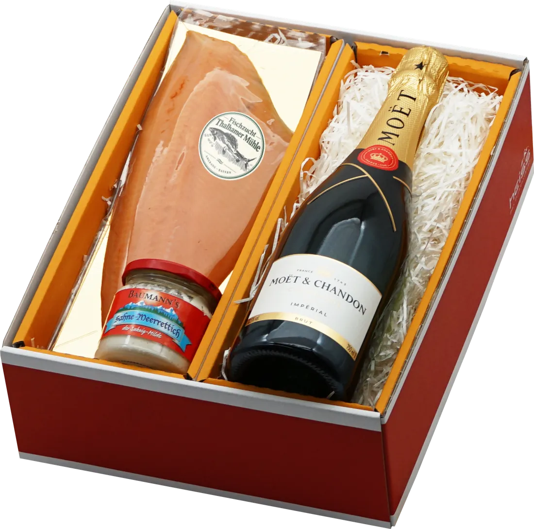 Präsent mit geräuchertem Lachsforellenfilet, Sahnemeerrettich und Champagner Moët & Chandon