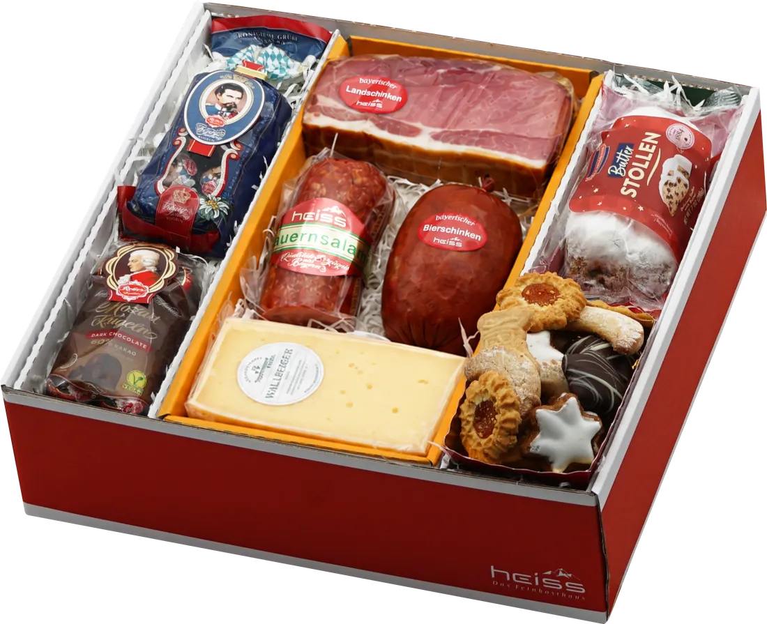 Großes Präsent mit Schinkenspeck, Salami, Käse, Mozartkugeln, Butterstollen und Weihnachtsgebäck